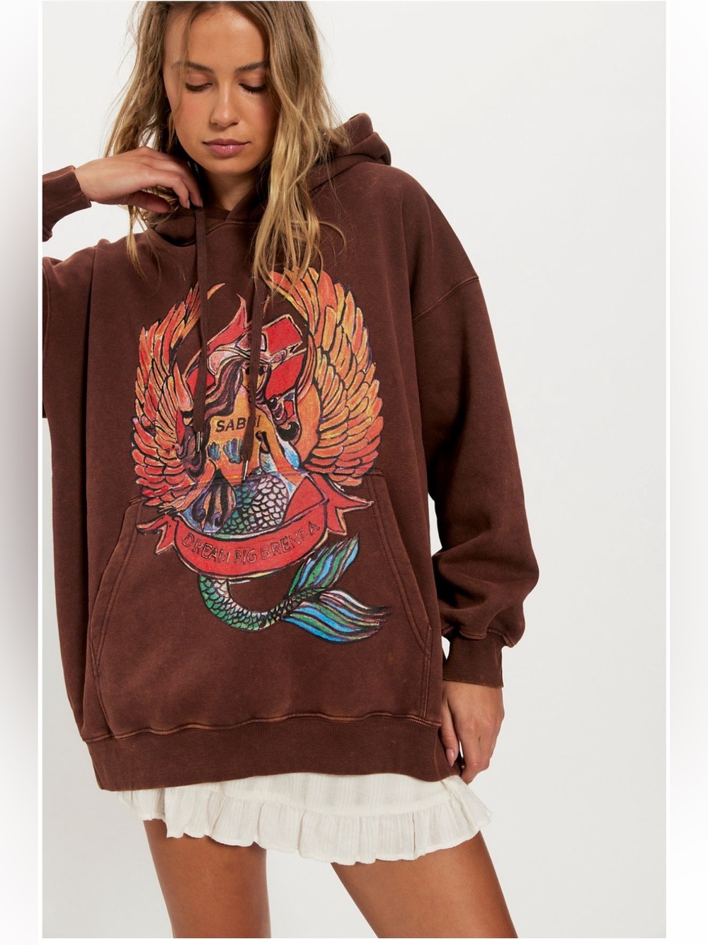 Free People Sabbi Brenda Energy Hoodie Burgundy Mermaid Graphic NWT Sz S